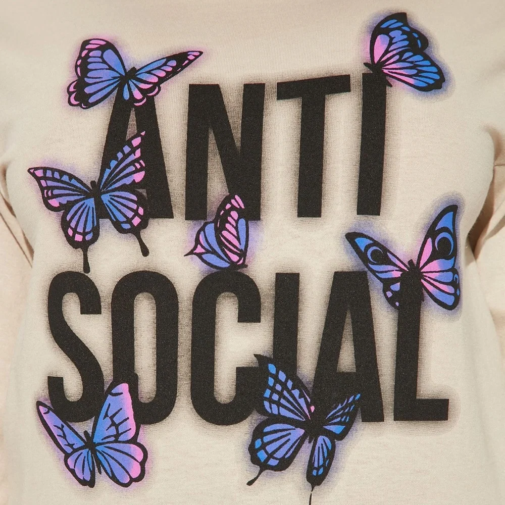 •Anti Social• Graphic Long Sleeve Butterfly Design Taupe Crew Neck T-Shirt - Picture 2 of 3